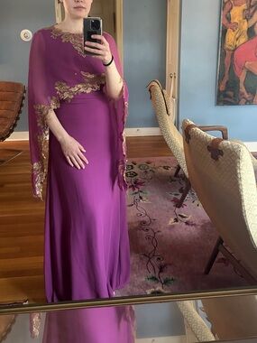 Magenta Evening Gown with Gold Lace Overlay - Mandalay designs.